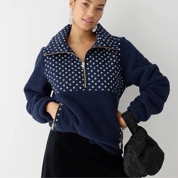 J.CREW Quilted Sherpa Fleece 1/2 Zip Pullover in Navy Print, Large - Picture 1 of 13